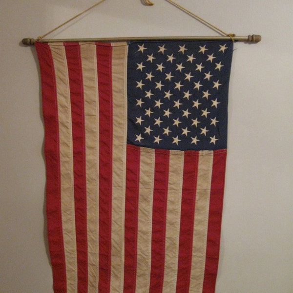 Vintage Stitched Cotton American Flag on Wooden Pole, 50 Stars, 22" x 33"