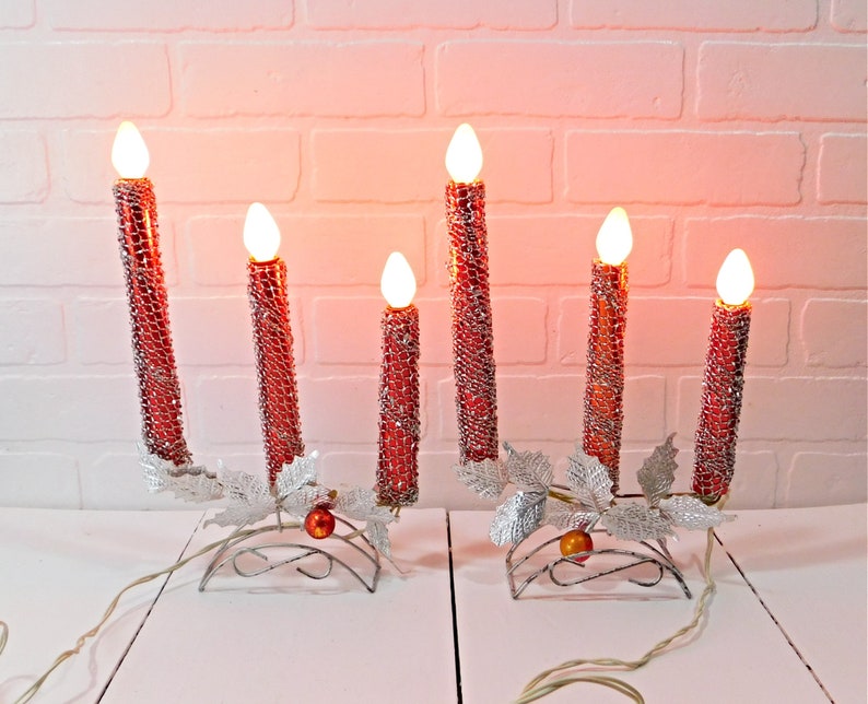 Vintage Mirostar Christmas Candelabra Pair Red with Silver Etsy