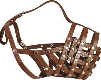 Secure Leather Mesh Basket Dog Muzzle #16 Brown - Great Dane, Saint Bernard, Mastiff (Circumference 15.5", Snout Length 4.5")