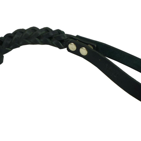 Black Leather Braided Dog Short Traffic Leash 12" Long 4-thong Square Braid for Large Breeds