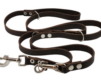 6 Way Euro Multifunctional Thick Leather Dog Leash Adjustable Schutzhund Lead 49"-94" Long 3/4" Wide (18 mm)