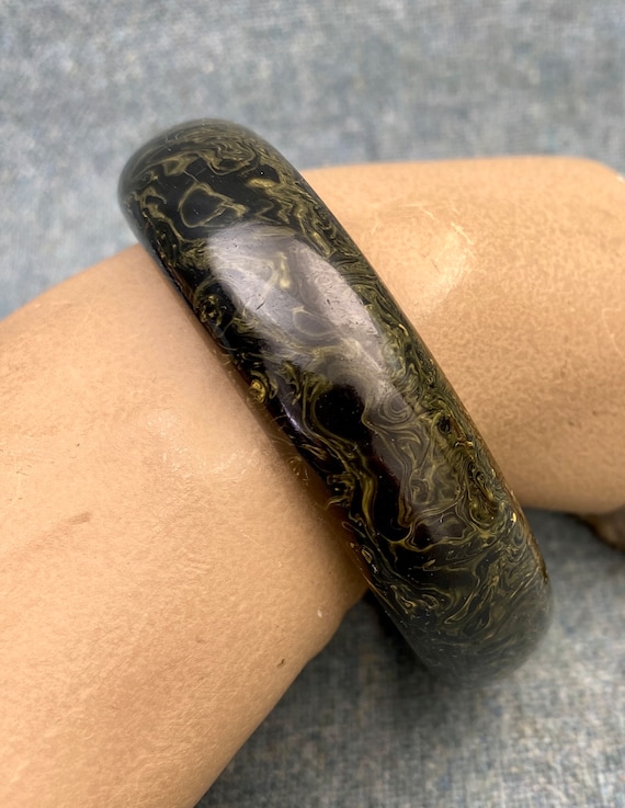 Bakelite Bangle Bracelet Black Marbled With Yello… - image 4