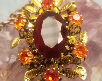 Austrian Crystal Cranberry and Orange Tourmaline Color Floral Necklace Antique Gold Finish