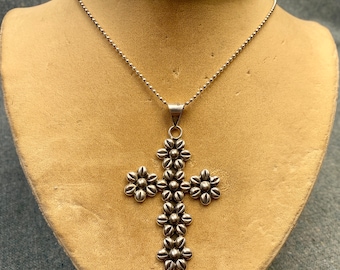 Vintage Sterlin g Sunflower Flower Cross Pendant Necklace Mexico 925 22 Inch Chain