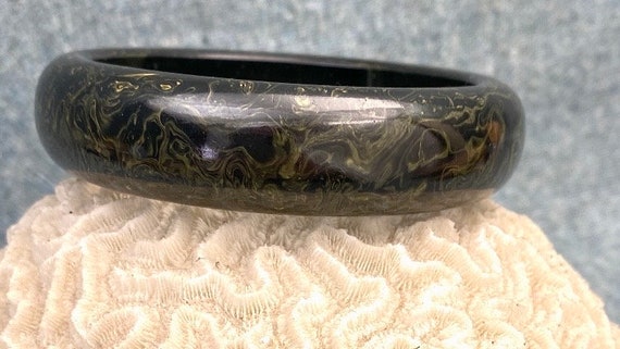 Bakelite Bangle Bracelet Black Marbled With Yello… - image 7
