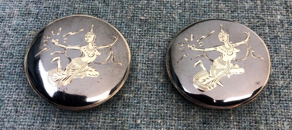Huge Vintage 1930's 1940's Siam Niello Button Earr