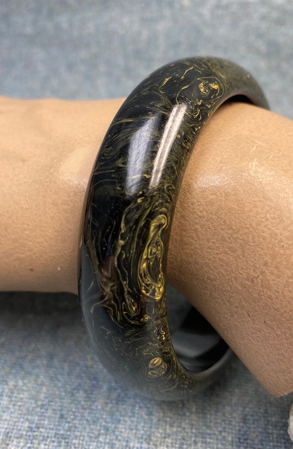 Bakelite Bangle Bracelet Black Marbled With Yello… - image 2