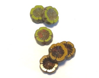 Czech Glass Flower Beads, Green and Orange Hibiscus, Opaque Czech Glass Pansy, Picasso Finish