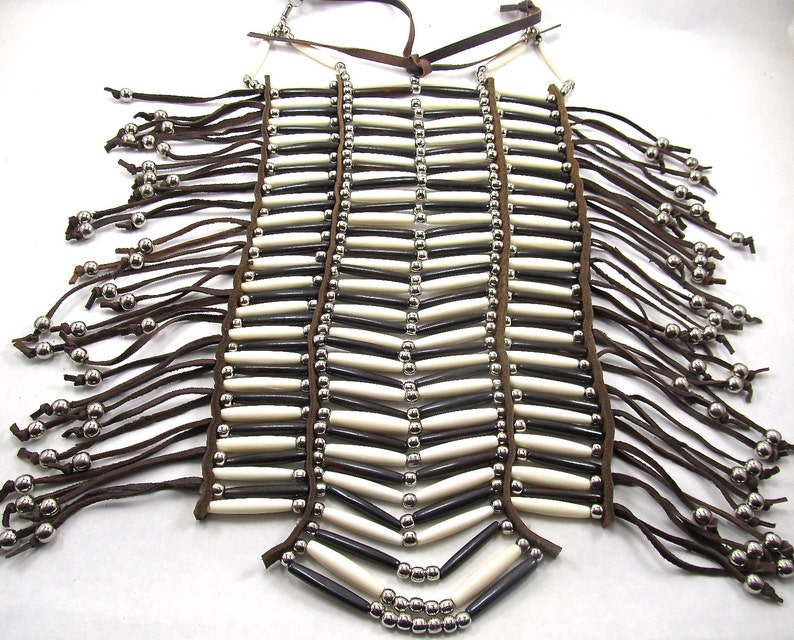 Regalia Hairpipe Choker Necklace Pow Wow Full Breastplate Native American Inspired Brown Bone Breastplate