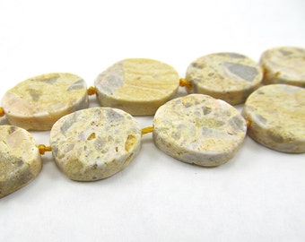 Matte Finish, Oval Graphic Feldspar, Yellow Gemstone Beads, Yellow and Gray Stone, Flat Pendants