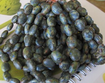 Matte Czech Glass Bead, Blue Coffee Bean, Brown Oval Czech Glass Bead, 1 Str