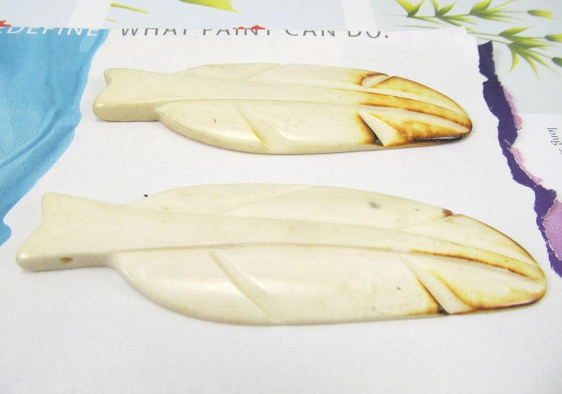 Bone Feather Pendant, Carved Buffalo Bone, Burnt Tip Edge, Native American Style, Nature, 2 Pcs image 4