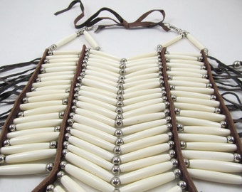 White Bone Breastplate, Pow Wow Ceremonial Necklace, Regalia Choker, 20 Row Buffalo Bone Breastplate,