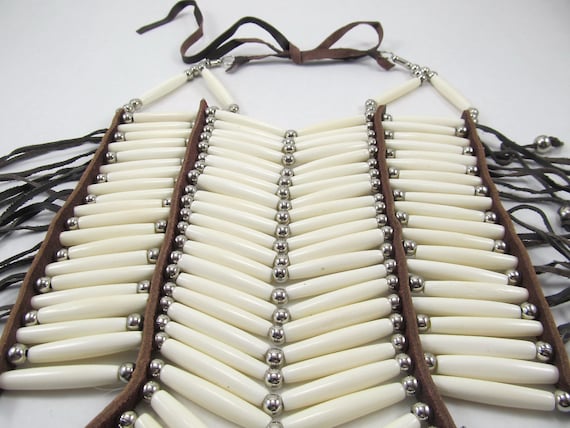 White Bone BreastPlate Pow Wow Choker Necklace 40 Row White Bone & Leather