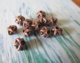 6mm Copper Bicone Beads, Antique Copper Crown Beads, Round Antique Copper Spacer Beads, 17 Pcs