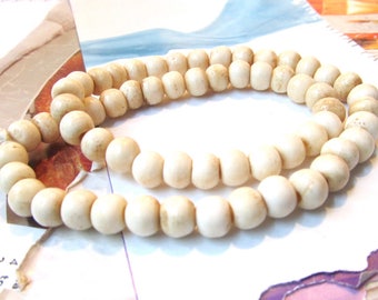 Bone Mala Beads, Wide Stringing Hole, Ethnic, Antiqued Carved Buffalo Bone, 8mm, Beige Bead, 70 Pc