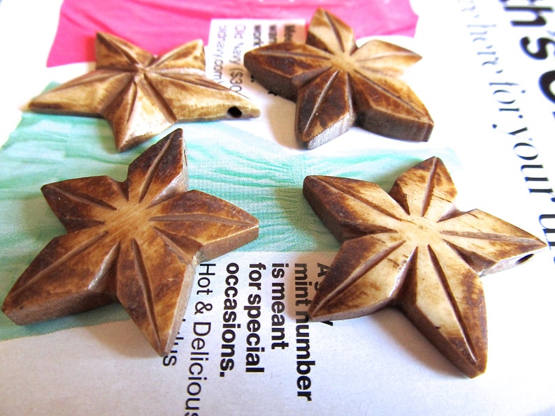 Bone Star Pendants, Antiqued Bone Charms, Celestial Symbol, Brown Star Dangle, Handcarved in Indonesia, Tea Stained image 1