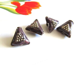 Brown Enamel Beads, Cloisonne Triangle Beads, Dark Purple, Handmade, Silver Triangle, 4 Pcs