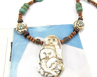 Tribal Owl Necklace, Turquoise and Coconut Shell, Handmade Ceramic Pendant, Native American Inspired