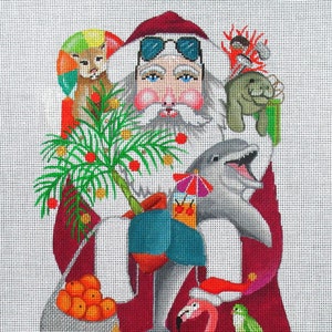 Needlepoint Handpainted Amanda Lawford Christmas Florida Santa 13.5&quot;