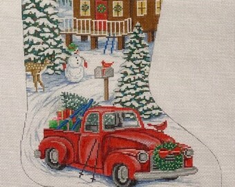 Needlepoint Handpainted Christmas Stocking Alice Peterson Red Truck Ski Cabin