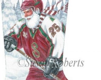 Needlepoint Handpainted Liz Goodrick Dillon Christmas Stocking Santa Hockey 21"