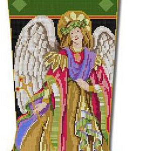 May include: A Christmas stocking featuring a needlepoint design of an angel with a golden halo, wings, and a long flowing gown with green, red, and gold ribbons. The angel is holding a golden staff.