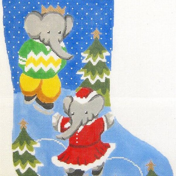 Needlepoint Handpainted Christmas Stocking Babar and Celeste Silver Needle 18"