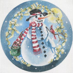 Needlepoint Handpainted Joy Juarez Snowman Red Cardinal 7&quot;