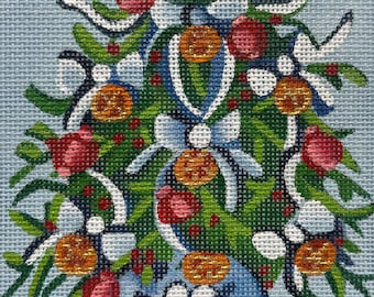 Needlepoint Handpainted Alice Peterson Blue Bow Xmas Tree 4x6