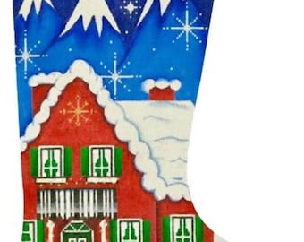 Needlepoint Handpainted Christmas House Stocking Alice Peterson 19"