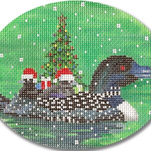 May include: A loon with a Christmas tree on its back. The loon is swimming in a green lake with snow falling. The tree is decorated with ornaments and lights. The loon is wearing a Santa hat.