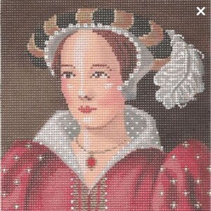 May include: A portrait of a woman wearing a red dress with a white collar and a gold necklace with a red gemstone pendant. She is wearing a white and gold hat with a white feather.