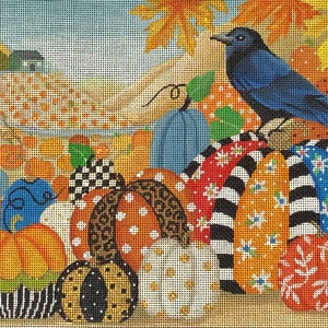 May include: A colorful autumn-themed painting featuring a blue bird perched atop a collection of decorative pumpkins. The pumpkins display various patterns, including stripes, polka dots, and animal prints, with a backdrop of fall foliage and a blue sky.