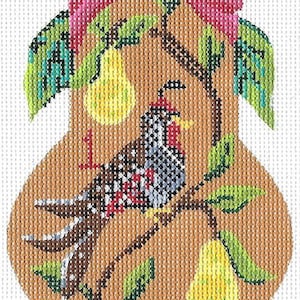 May include: A brown pear-shaped ornament with a red-breasted bird perched on a branch with green leaves and two yellow pears. A pink bow is at the top of the ornament.