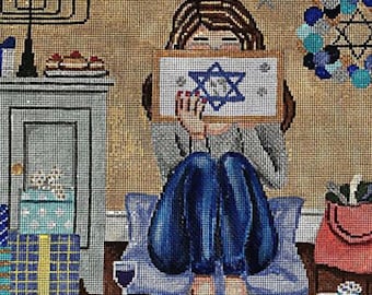 Needlepoint Handpainted Gayla Elliot Hanukkah Stitching Girl 11x11