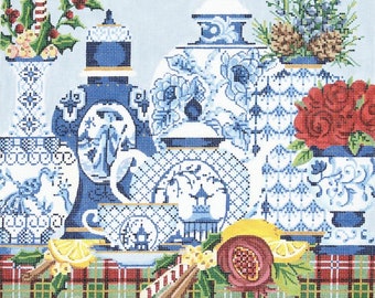 Needlepoint Handpainted Kelly Clark Christmas Tea w/ Stitch Guide