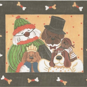 May include: A needlepoint canvas featuring a group of four dogs dressed in costumes. The dogs are a white dog wearing a green and red Santa suit, a brown dog wearing a black tuxedo, a brown dog wearing a white dress, and a brown dog wearing a blue and white striped shirt. The dogs are surrounded by red and white bone-shaped designs.