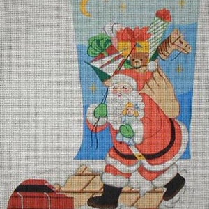 May include: Hand-painted Christmas stocking featuring Santa Claus carrying a sack of toys and gifts. Santa is dressed in a red suit with white trim, walking on a roof with a chimney. The background is a blue sky with a moon and stars.