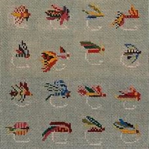 May include: A needlepoint canvas featuring a grid of sixteen colorful airplane designs. Each plane is unique, with variations in color and pattern, including red, yellow, blue, and black. The background is a light gray.
