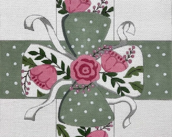 Needlepoint Handpainted Christmas Alice Peterson Pink Flowers Sage Bow