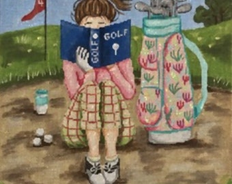 Needlepoint Handpainted Gayla Elliot Stitching Girl Golf 10x11