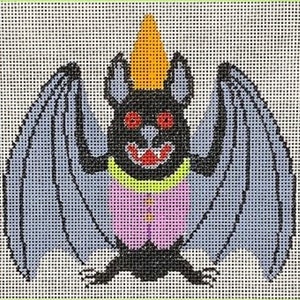 May include: A black bat with a pink shirt and a yellow party hat. The bat has red eyes and a wide, toothy grin.