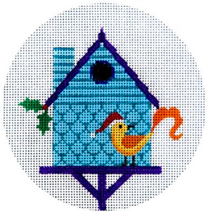 Needlepoint HandPainted JP Needlepoint Christmas Blue Birdhouse 4.5"