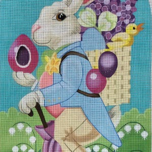 May include: A whimsical illustration of an Easter bunny in a blue jacket, carrying an egg, balloons, and a basket of flowers and a duckling. The bunny walks through a field of flowers with a purple umbrella.