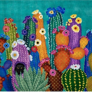 May include: A colorful painting of a desert scene with cacti, flowers, and a black cat peeking out from behind a purple cactus.
