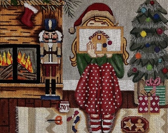 Needlepoint Handpainted Gayla Elliot Christmas Stitching Girl 11x11