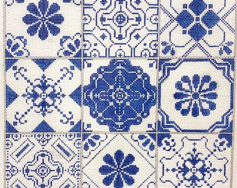 Needlepoint Handpainted Alice Peterson Blue Tile Collage 13x12