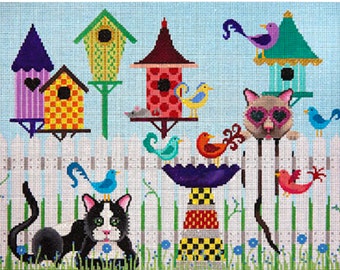 Needlepoint HandPainted JP Needlepoint Birds of Feather and Cats Together 11x14