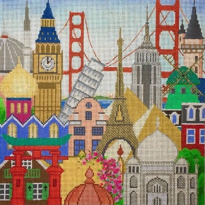May include: A colorful needlepoint artwork featuring iconic landmarks from around the world, including the Eiffel Tower, Big Ben, the Golden Gate Bridge, and the Taj Mahal. The artwork is stitched with various colors and textures, creating a vibrant and detailed scene.